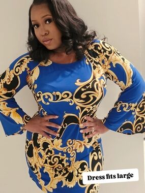 Blue Baroque Print Long Sleeve Dress